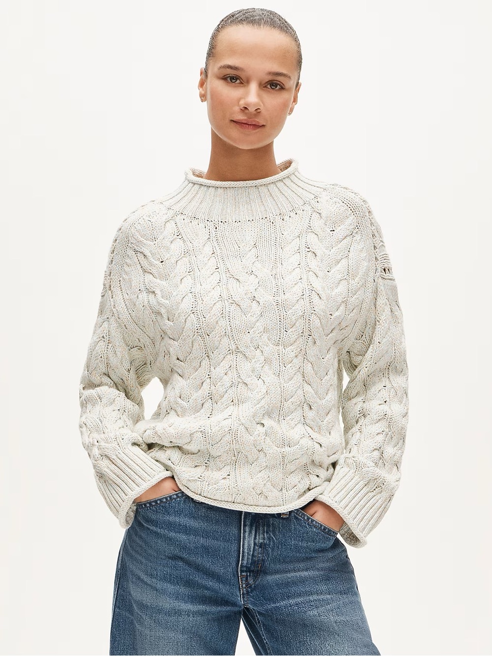 J. Crew 2025 Rollneck cable-knit sweater in marled heritage cotton